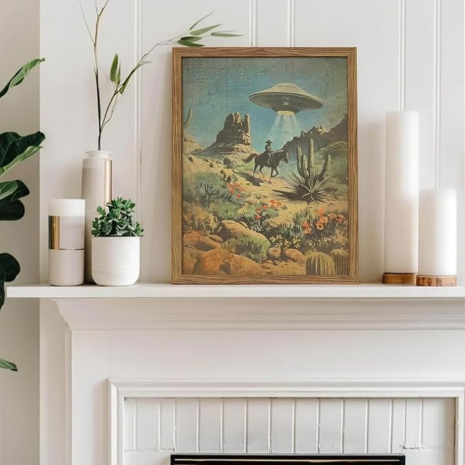 Framed Vintage Intergalactic Western Canvas Wall Art, Alien UFO Abducting Cowboy - Image 6