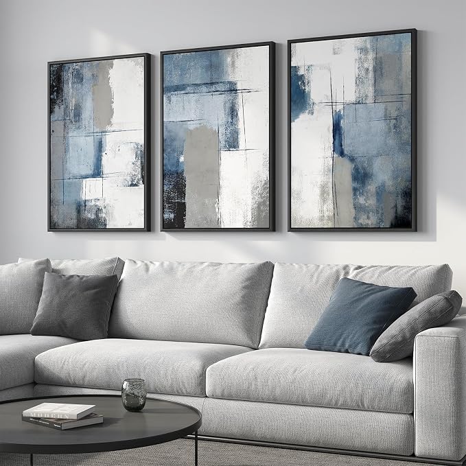 Large Framed Blue and Grey Abstract Wall Art - Image 2