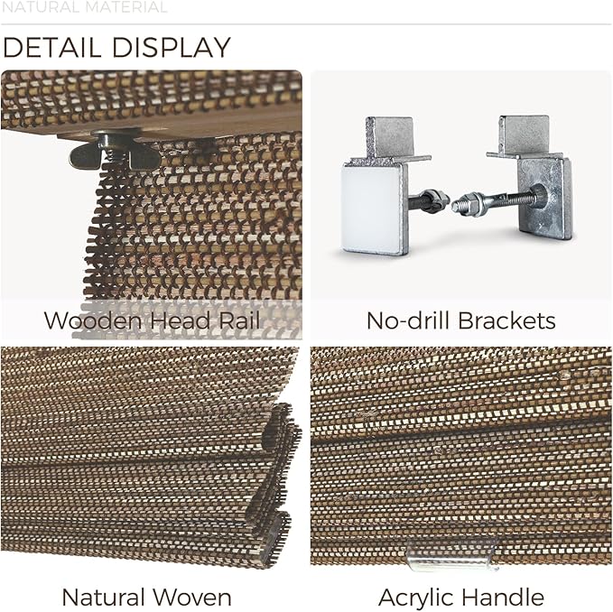 TWOPAGES Natural Woven No Drill Roman Shades, Custom Cordless Blackout Bamboo - Image 5