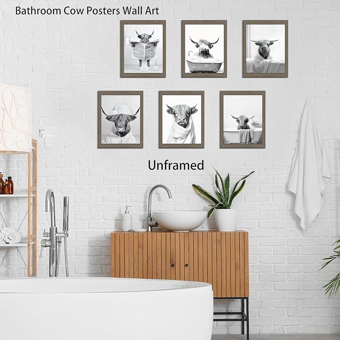 SEHSUVC Funny Bathroom Cow Posters Wall Art Set of 9, Vintage Black and White - Image 7