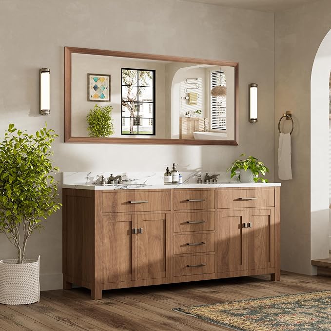 72x32 Inch Bathroom Mirror for Wall, Anti-Rust Walnut Wood Grain Metal Framed - Image 3