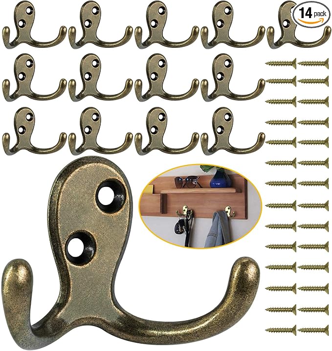 Homanu 14 Pack Coat Hooks, Heavy Duty Double Prong Coat Hooks Wall Mounted by Homanu