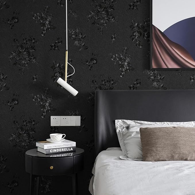 Black Peel and Stick Wallpaper 630inL 17.7inW Silk Embossed Floral Contact Paper - Image 7