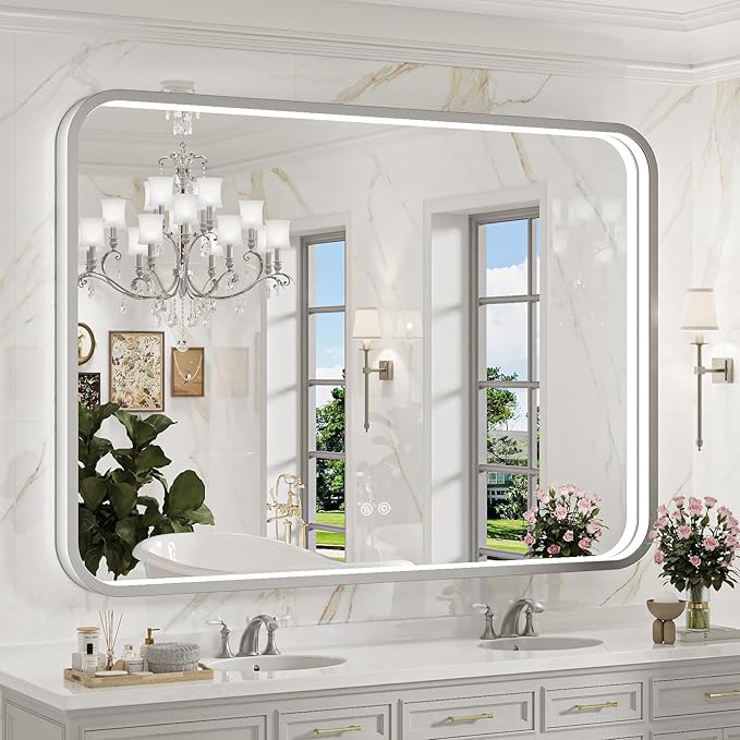 LED Bathroom Mirror with Lights, 43x36 Inch Brushed Silver Framed Lighted by FTOTI