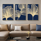 Framed Modern Luxury Wall Art for Living Room, Large Navy Blue and Gold Ginkgo by Cuspin