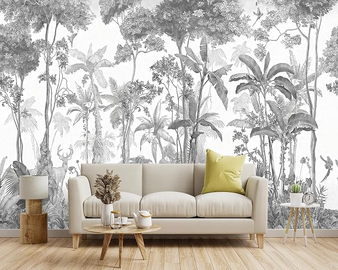 -Grey Jungle Botanical Animal Banana Leaf Fabric Wallpaper Living Room Tropical - Image 2