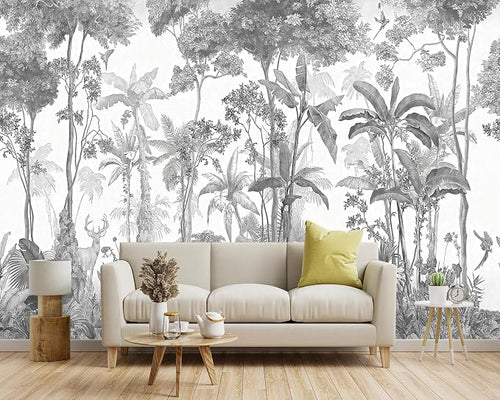 -Grey Jungle Botanical Animal Banana Leaf Fabric Wallpaper Living Room Tropical - Image 2