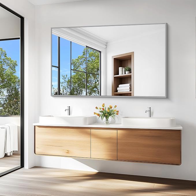KOCUUY Silver Bathroom Mirror, HD Tempered Glass, Anti-Rust Brushed Silver Frame - Image 8