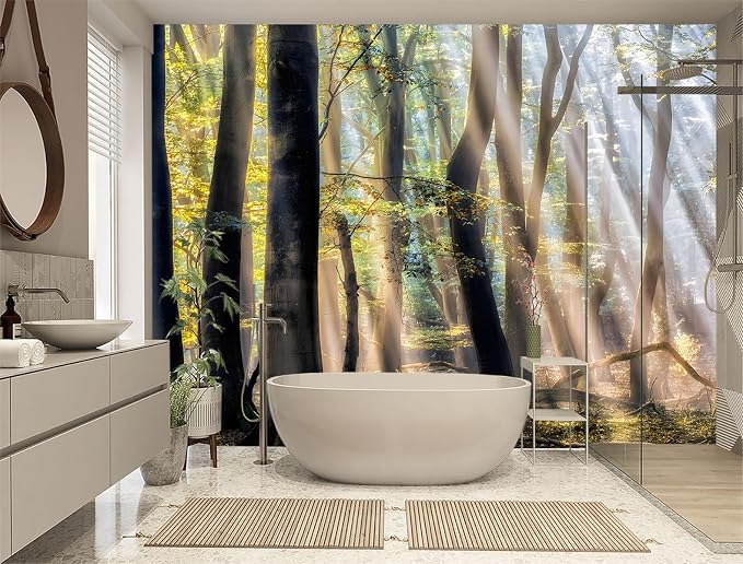 XMPMBM-Sunny Forest Woodland Fabric Wallpaper Misty Tree Living Room Bedroom - Image 2