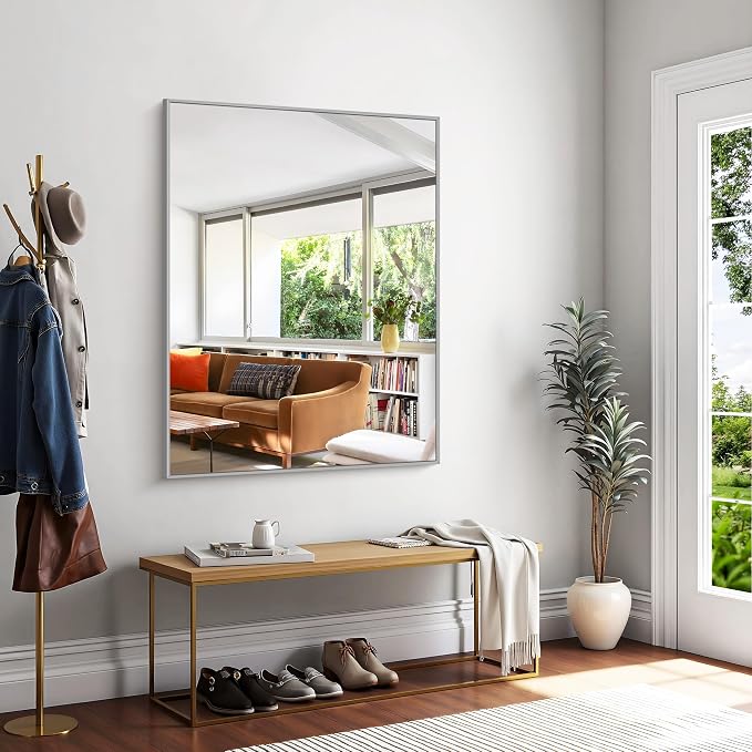 KOCUUY Silver Bathroom Mirror, HD Tempered Glass, Anti-Rust Brushed Silver Frame - Image 3