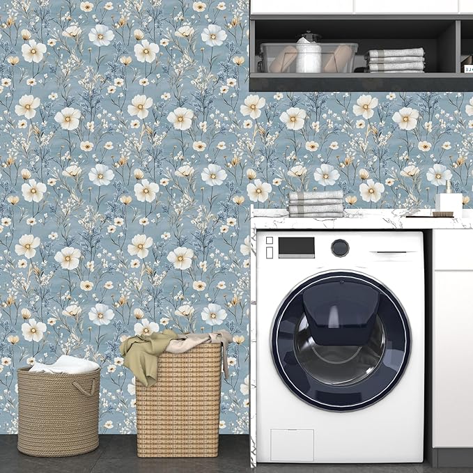 Laatse Blue Floral Peel and Stick Wallpaper White Botanical Contact Paper - Image 6