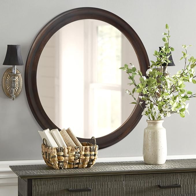 CULER Round Wall Mirrors 30 Inch, Wood Rustic Decorative Transitional Mirror - Image 2