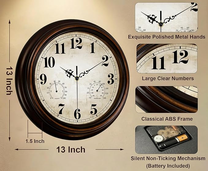 Vintage Wall Clock 13 Inch Quartz Silent Non-Ticking Analog Clock - Image 3