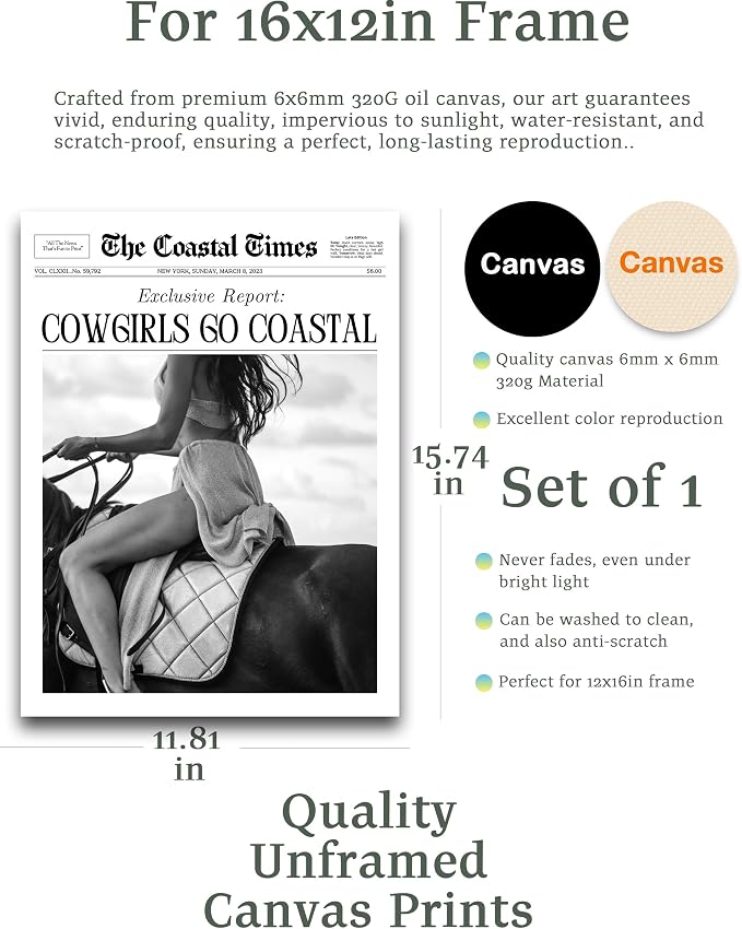 iHery Unframed Trendy Coastal Cowgirl NewsPaper Wall Art Prints, 12x16in Black - Image 2