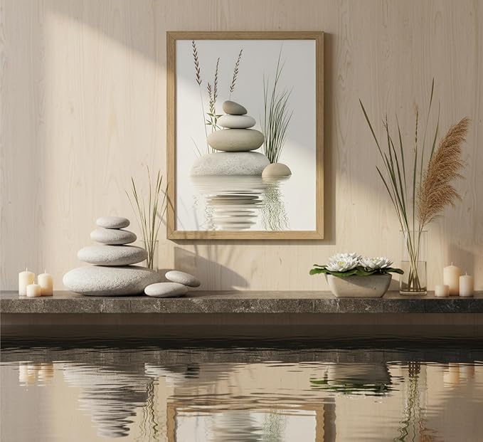 Wooden Frame Zen Stone Canvas Wall Art, Stacked Stones in Water Poster Print. - Image 8