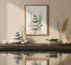 Wooden Frame Zen Stone Canvas Wall Art, Stacked Stones in Water Poster Print. - Image 8