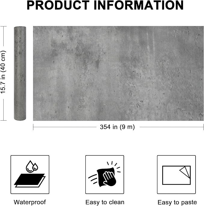 WADILE Dark Gray Concrete Wallpaper 15.7 in * 354 in, Cement Contact Paper 3D - Image 2