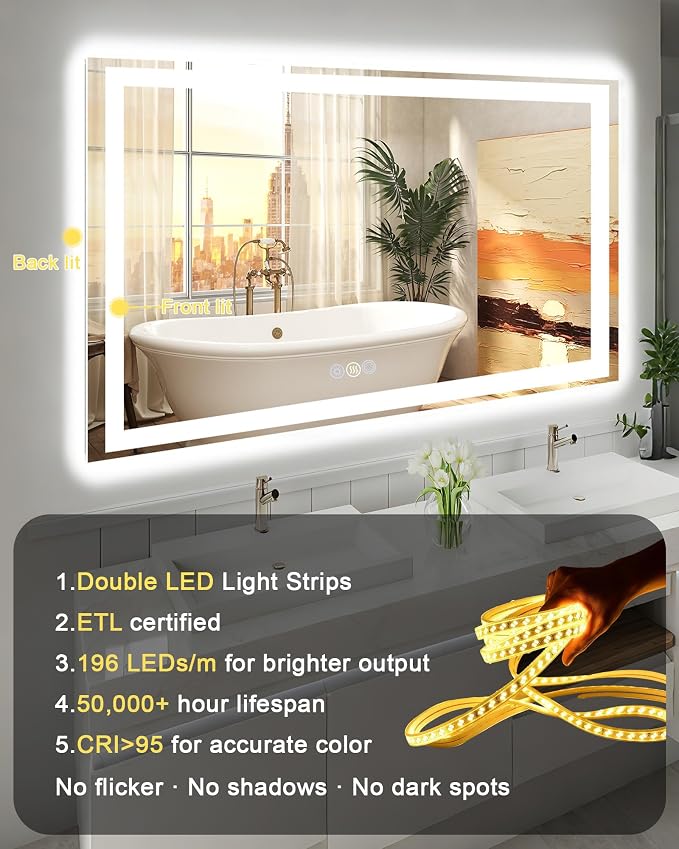 30x36 LED Bathroom Mirror with Lights, Super Bright Front & Backlit Vanity - Image 8