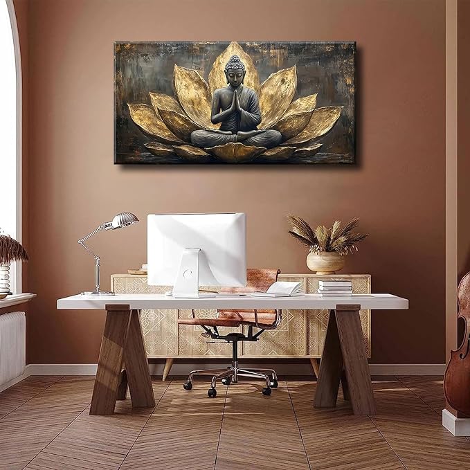 Large Buddha Lotus Canvas Wall Art Abstract Gold and Grey Zen Buddhism Decor - Image 4