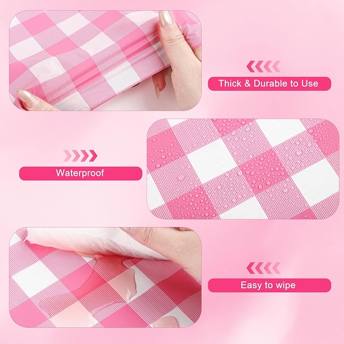 Kochorie 54 Inch x 300 Ft Light Pink Checkered Plastic Table Cloth Roll - Image 3