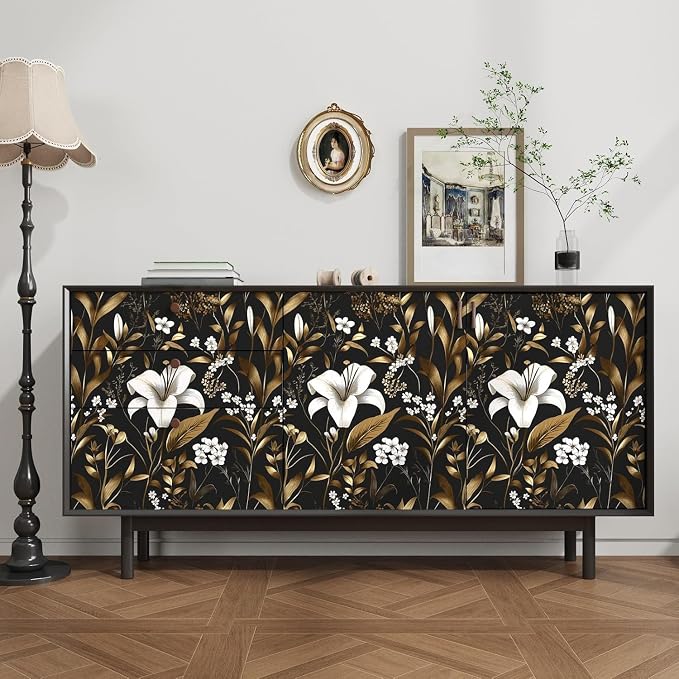 Laatse White Floral Wallpaper Peel and Stick, Dark Golden Botanical Wall Paper - Image 3