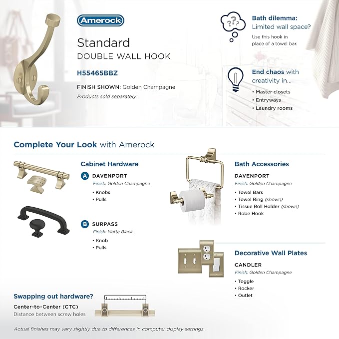 Amerock H55465BBZ | Adare Double Prong Decorative Wall Hook | Golden Champagne - Image 6