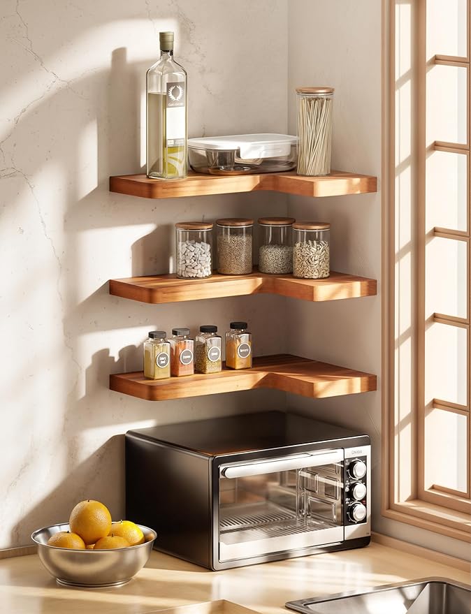 BATODA Acacia Wood Corner Floating Shelves 17" x 12"– Corner Shelf Wall Mounted - Image 6
