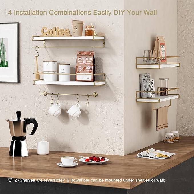 Forbena Floating Bathroom Shelves Wall Mounted, Aesthetic White and Gold Shelves - Image 6