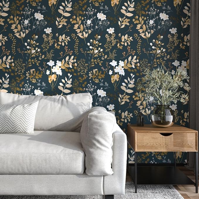 Laatse Navy Floral Wallpaper Peel and Stick Boho Wallpaper Vintage Blue/Gold - Image 4