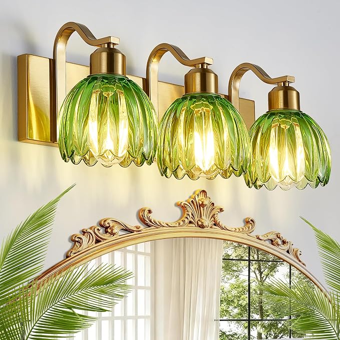 3-Light Vanity Lights with Green Tulip Glass Shade, Vintage Vanity Wall Sconce by AIXIALIN