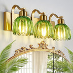 3-Light Vanity Lights with Green Tulip Glass Shade, Vintage Vanity Wall Sconce by AIXIALIN