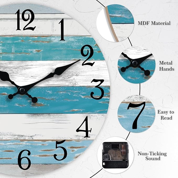 KECYET Wall Clock Battery Operated 10 Inch Outdoor Beach Style Blue Coastal - Image 5