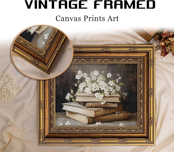 Vintage Gold Framed Wall Art Retro Moody Books and Flowers Oil Painting Canvas - Image 4