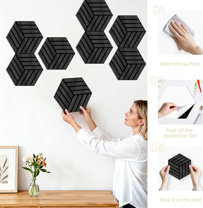 Mollywell Acoustic Panels, PVC Wood-Grain, 14x12 Inch Hexagon Carved Sound - Image 6