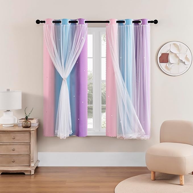 XiDi Curtains for Bedroom Decor, Rainbow Pink Purple/34/45 - Image 2
