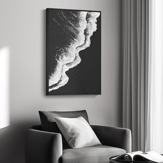Framed Black and White Abstract Beach Canvas Wall Art, Modern Minimalist Art - Image 2