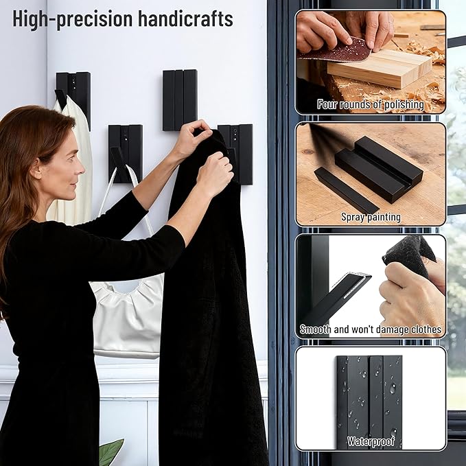 Folding Wall Hooks 4Pack: Black Modern Wooden Coat Hooks Mount - Image 5