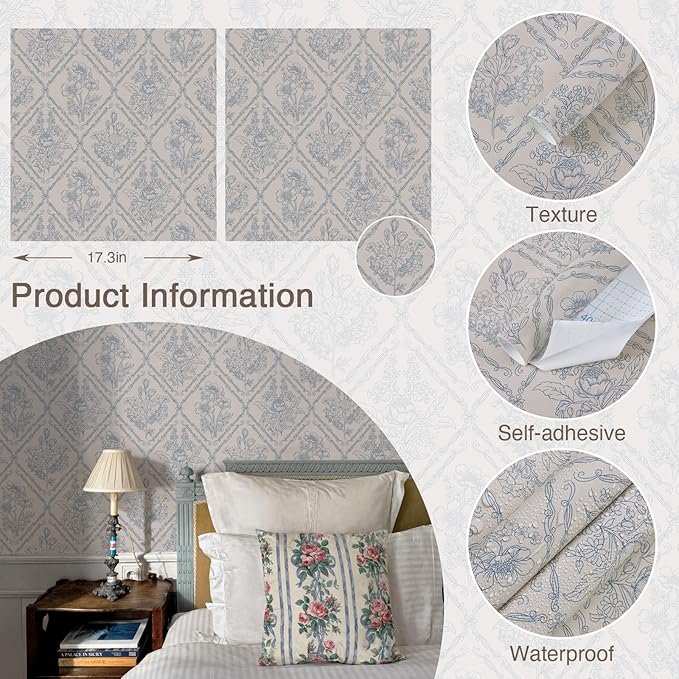 Toduso Peel and Stick Wallpaper Vintage Wall Paper Boho Contact Paper Blue - Image 5