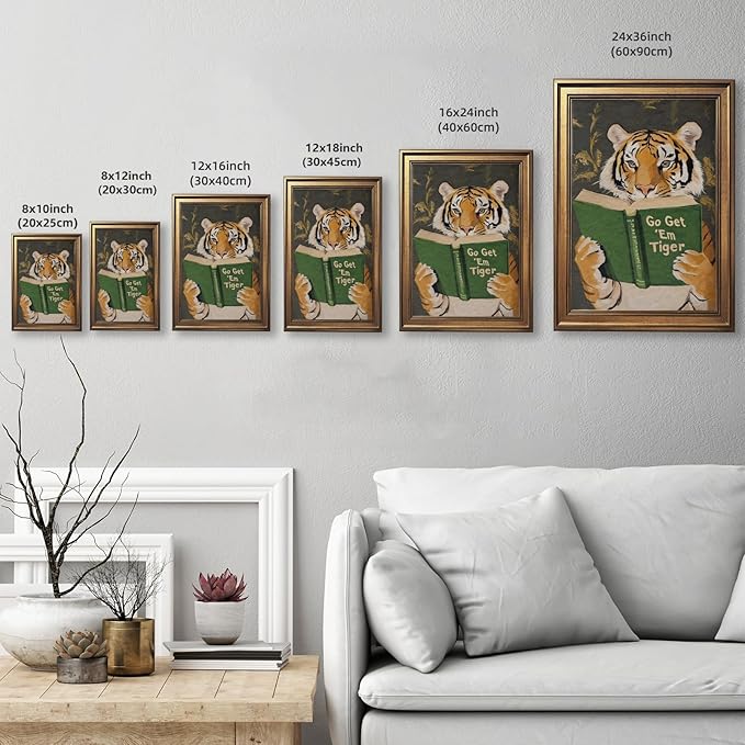 Vintage Gold Framed Wall Art Go Get Em Tiger Poster Funny Animal Reading Book - Image 3