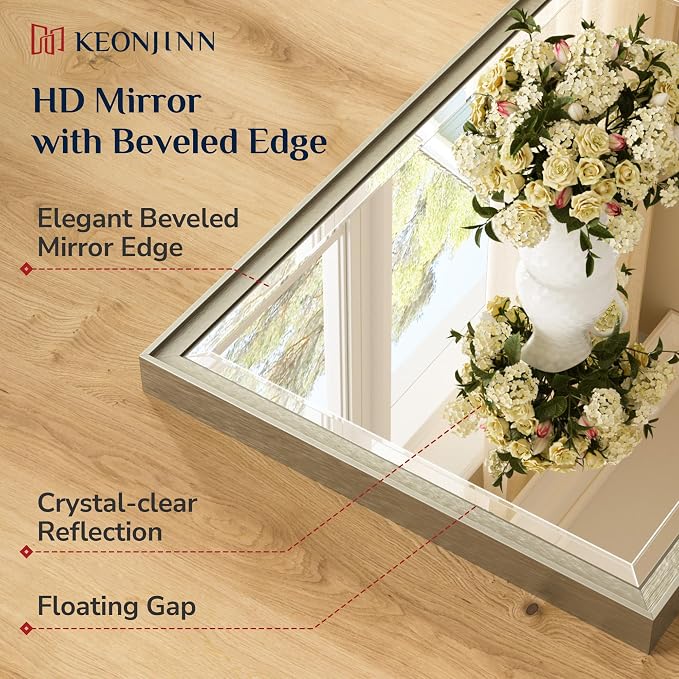 Keonjinn 40" x 30" Brushed Nickel Bathroom Vanity Mirror, Beveled Tempered Glass - Image 4