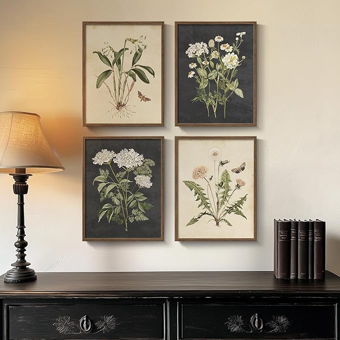 Framed Vintage Botanical Wall Art Bedroom, 4 Piece Rustic Farmhouse Floral - Image 4