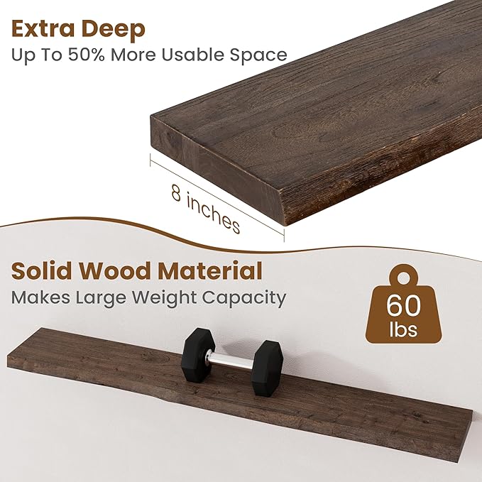 Floating Shelves for Wall Decor, Rustic Solid Elm Wood Live Edge Floating - Image 5