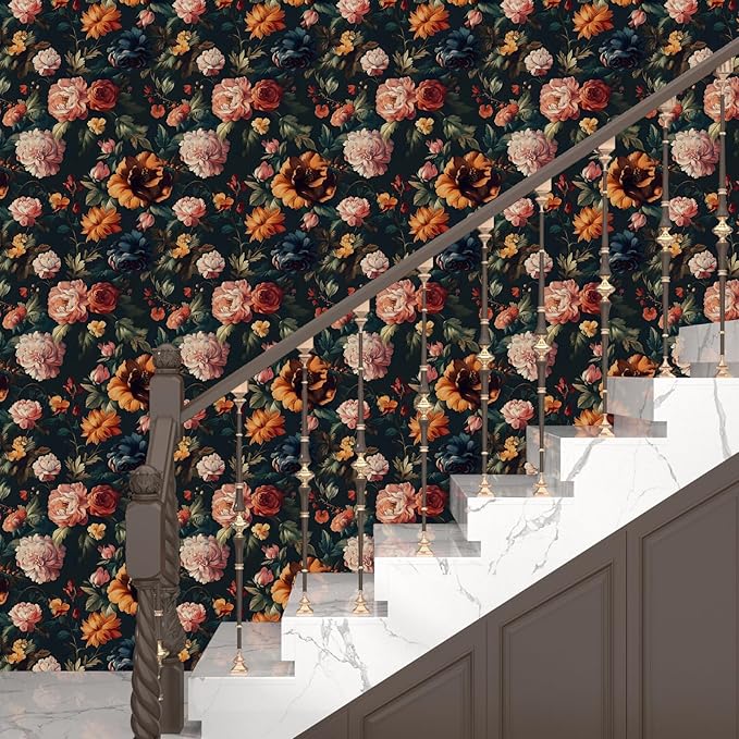 Colorful Floral Peel and Stick Wallpaper Gothic Dark Contact Paper Orange - Image 4
