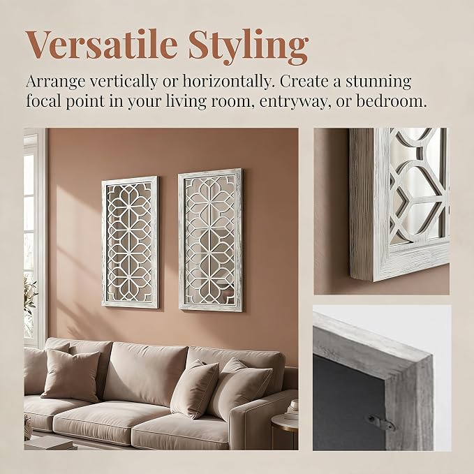 Set of 2 13x30 Inch Large Grey Shatterproof Carved Floral Wood Frame Wall - Image 4