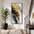 Large Framed Black and White Gold Abstract Wall Art, Modern Vertical Canvas - Image 2