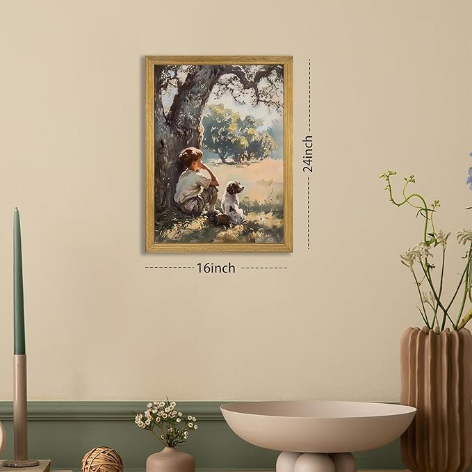 Wood Framed Canvas Wall Art, Vintage Boy and Dog Painting Poster, Countryside - Image 4