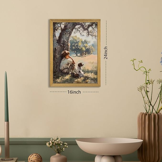 Wood Framed Canvas Wall Art, Vintage Boy and Dog Painting Poster, Countryside - Image 4
