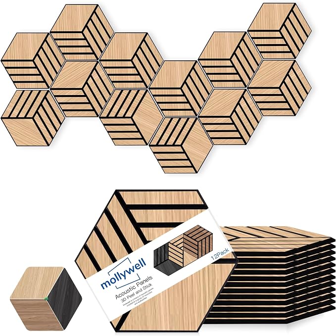 Mollywell Acoustic Panels, PVC Wood-Grain, 14x12 Inch Hexagon Carved Sound by Mollywell