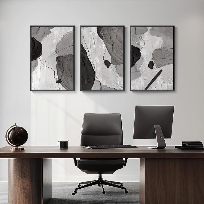 Large Framed Black and White Gray Abstract Wall Art, Minimalist Pictures - Image 4