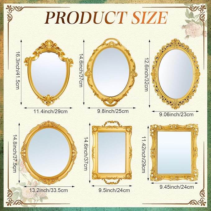Beeveer 6 Pcs Vintage Gold Mirrors Set Decorative Hanging Wall Decor - Image 2